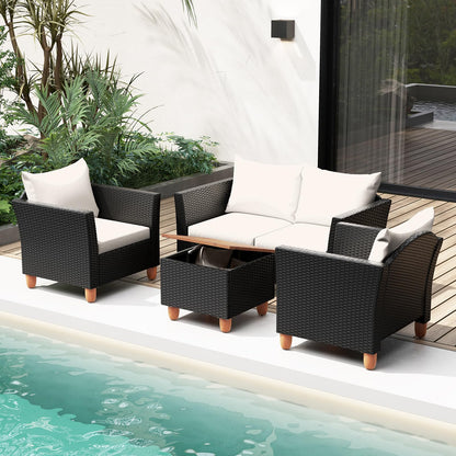 Tangkula Outdoor Conversation Set, Patio Cushioned Chairs w/Storage Coffee Table - HW72334WH+
