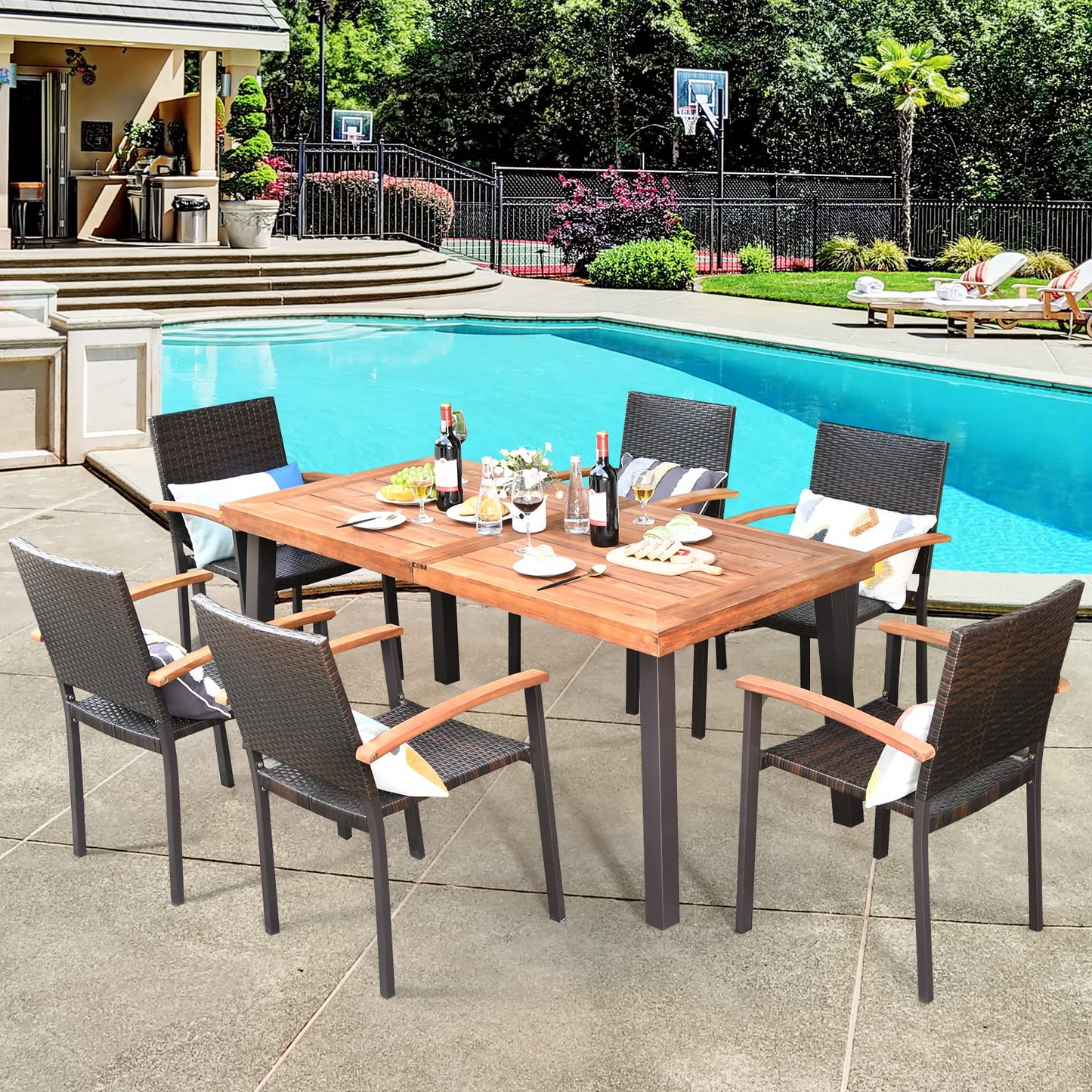 Tangkula 7-Piece Wicker Patio Dining Set, Patiojoy Outdoor Rattan Garden Yard Furniture Set - HW66354+OP70689+OP70690