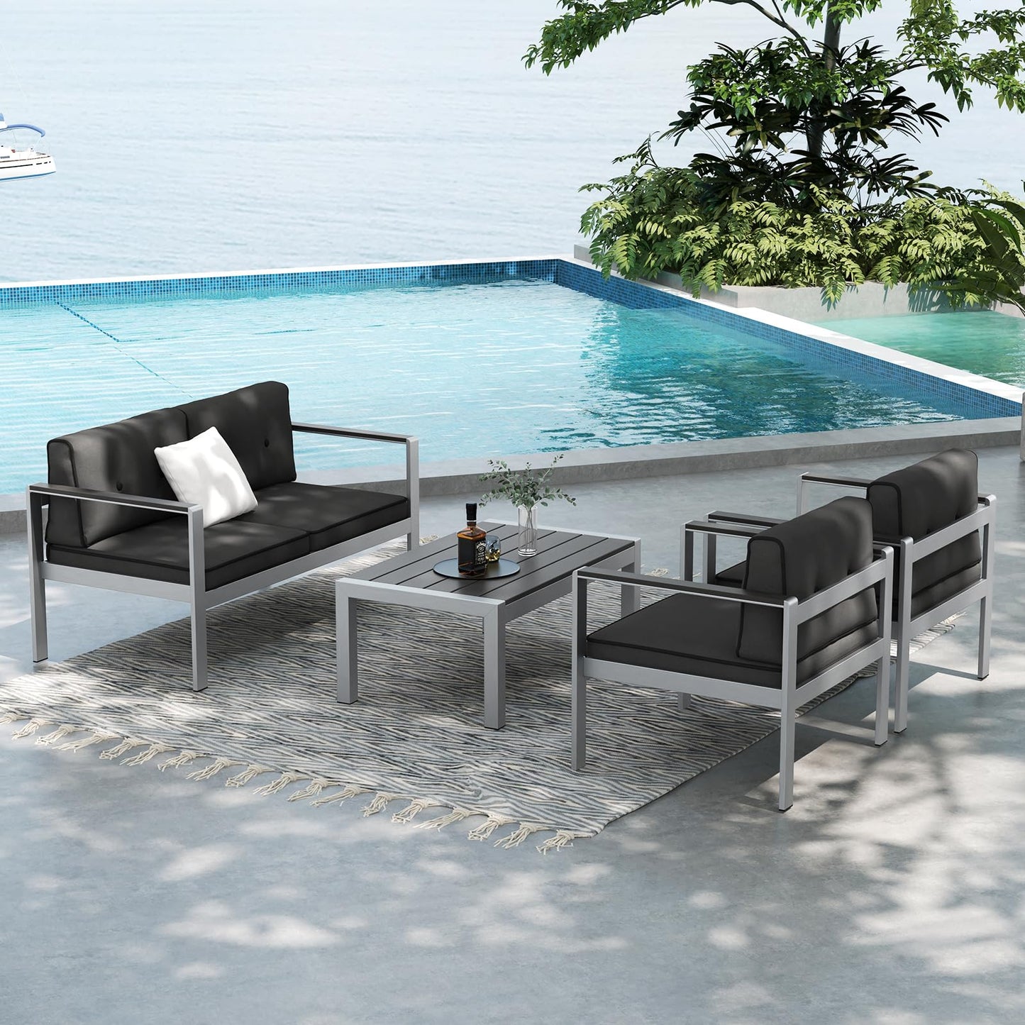 Tangkula 4 Piece Patio Aluminum Sofa Set, Contemporary Sofas & Coffee Table - 2*NP11317GR+NP11318GR+NP11319GR