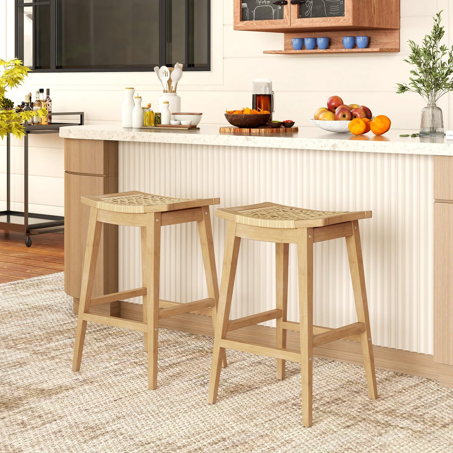 Tangkula Teak Wood Bar Stool, 29” Patio Rattan Barstool with Footrest & Saddle Seat - JV11905