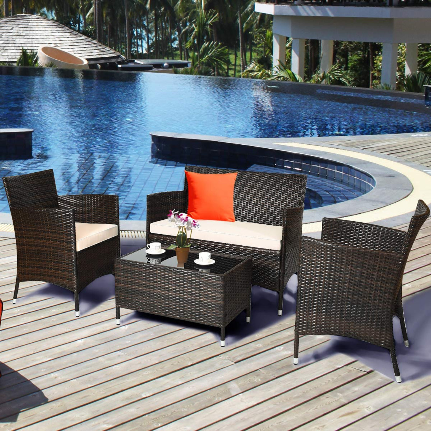 Tangkula 4-Piece Rattan Patio Furniture Set, w/Tempered Glass Coffee Table - HW67772BT