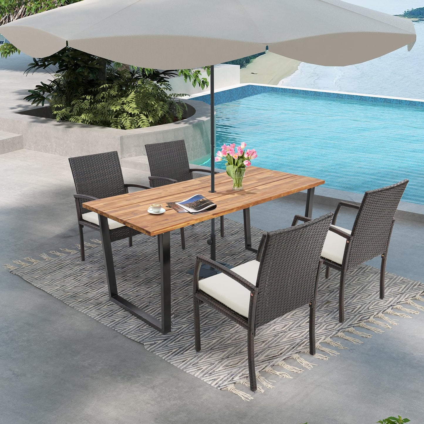 Tangkula Patio Rattan Dining Set, Acacia Wood Tabletop w/Umbrella Hole - HW70830-4+HW70840
