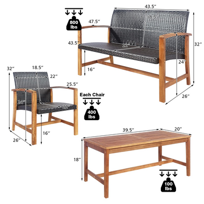 Tangkula 4-Piece PE Rattan Patio Furniture Set, Outdoor Conversation Set - HW69384-12B+HW69384-22B