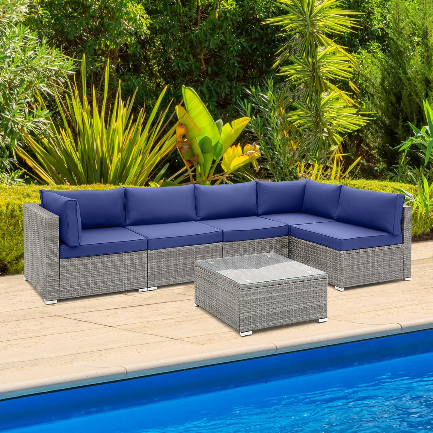 Tangkula Outdoor Wicker Furniture Set with Tempered Glass Coffee Table, Comfy Seat & Back Cushions - HW71245NY+
