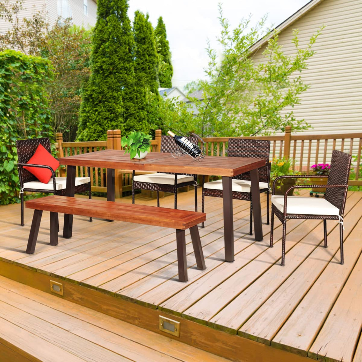 Tangkula 6-Piece Acacia Wood Patio Dining Set, Patiojoy Outdoor Wicker Furniture Set - JV10606+HW66354+HW69382