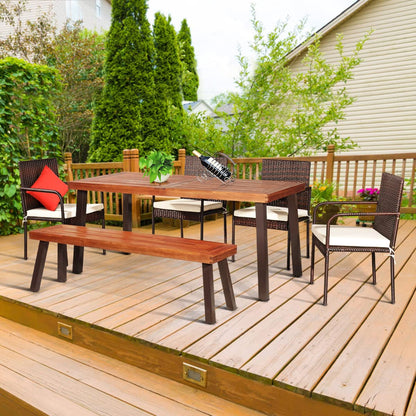 Tangkula 6-Piece Acacia Wood Patio Dining Set, Patiojoy Outdoor Wicker Furniture Set - JV10606+HW66354+HW69382