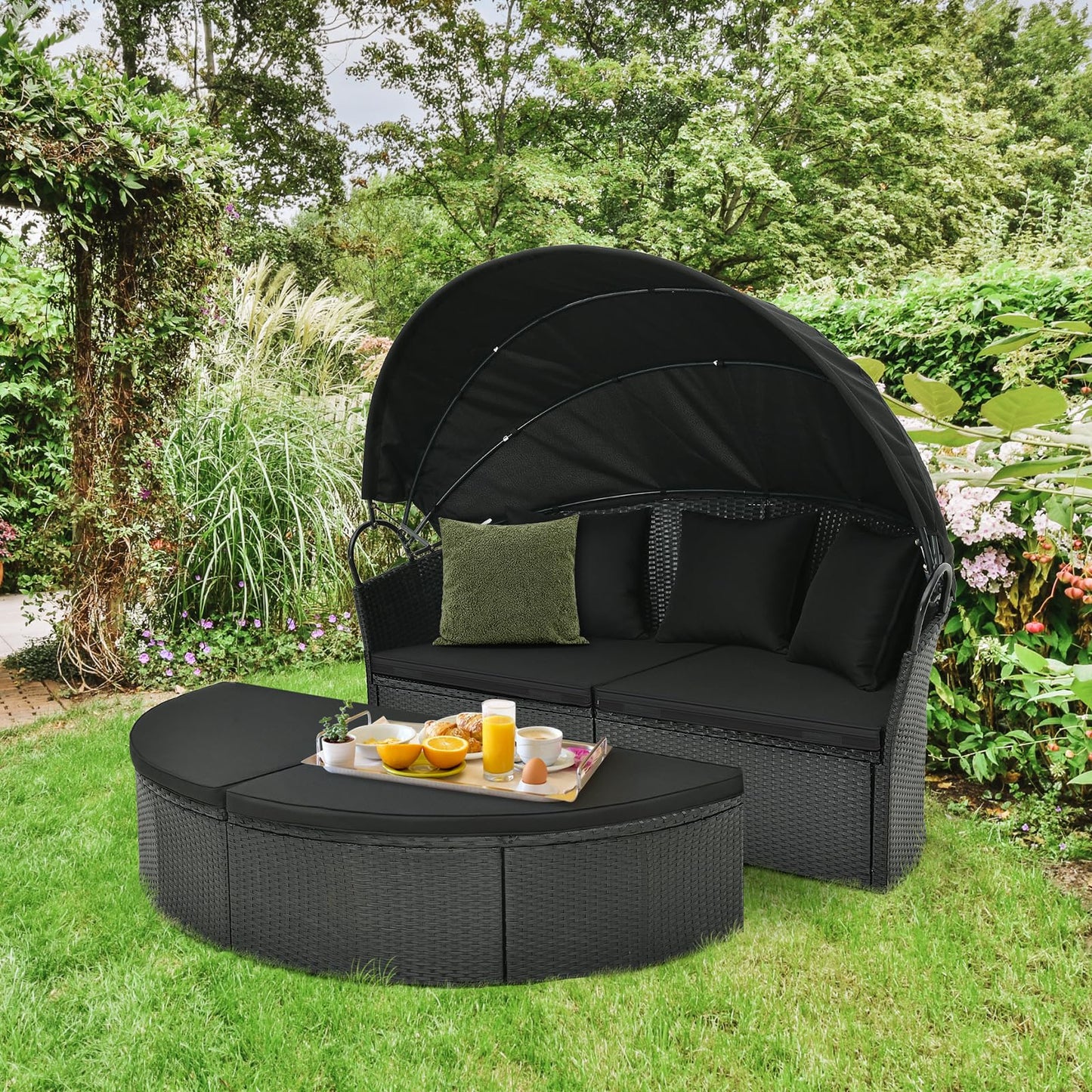 Tangkula Outdoor Patio Round Daybed with Retractable Canopy - HW71564DK+