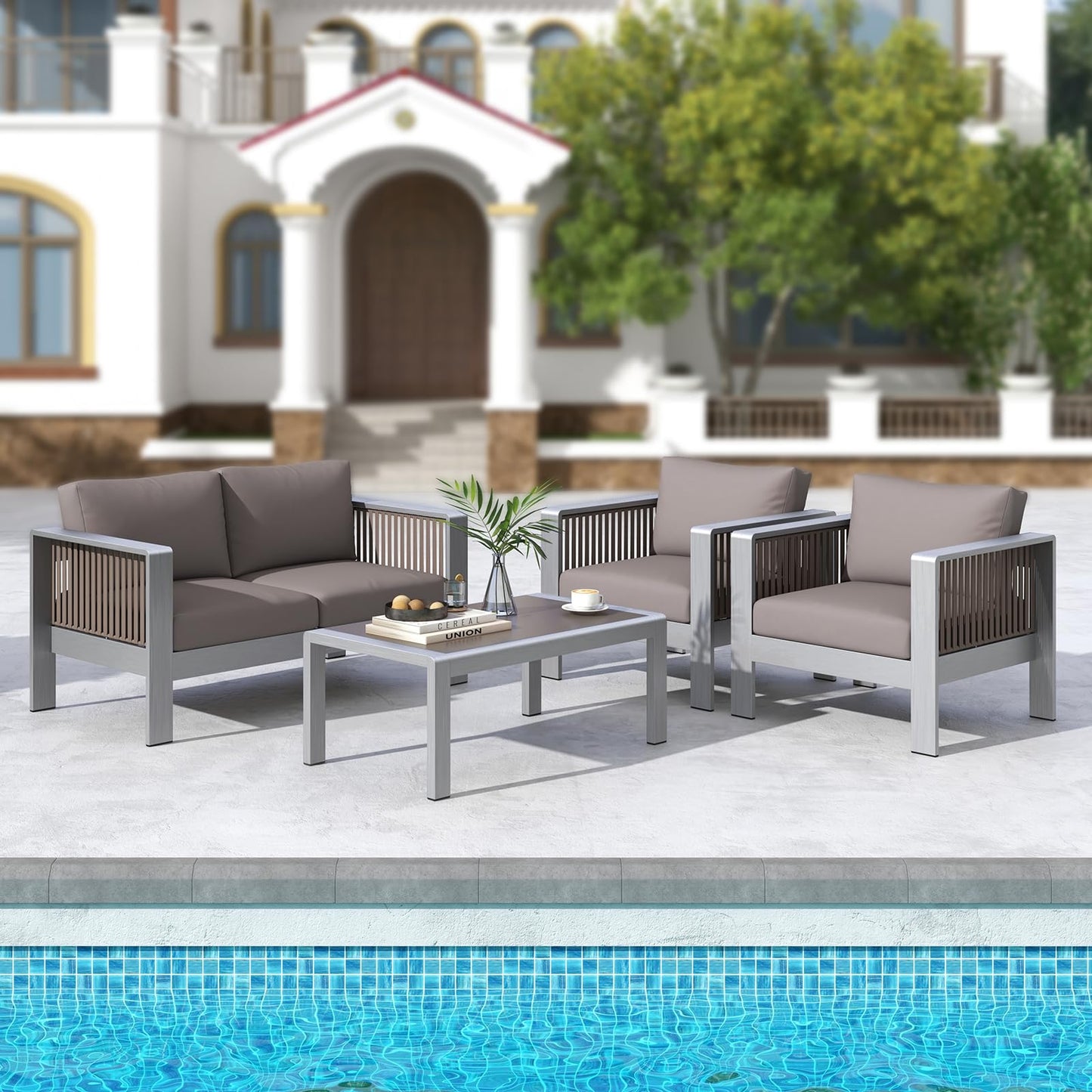 Tangkula Patio Aluminum Loveseat Sofa, Outdoor Furniture Set with Thick Back & Seat Cushions (Gray) - NP11417GR