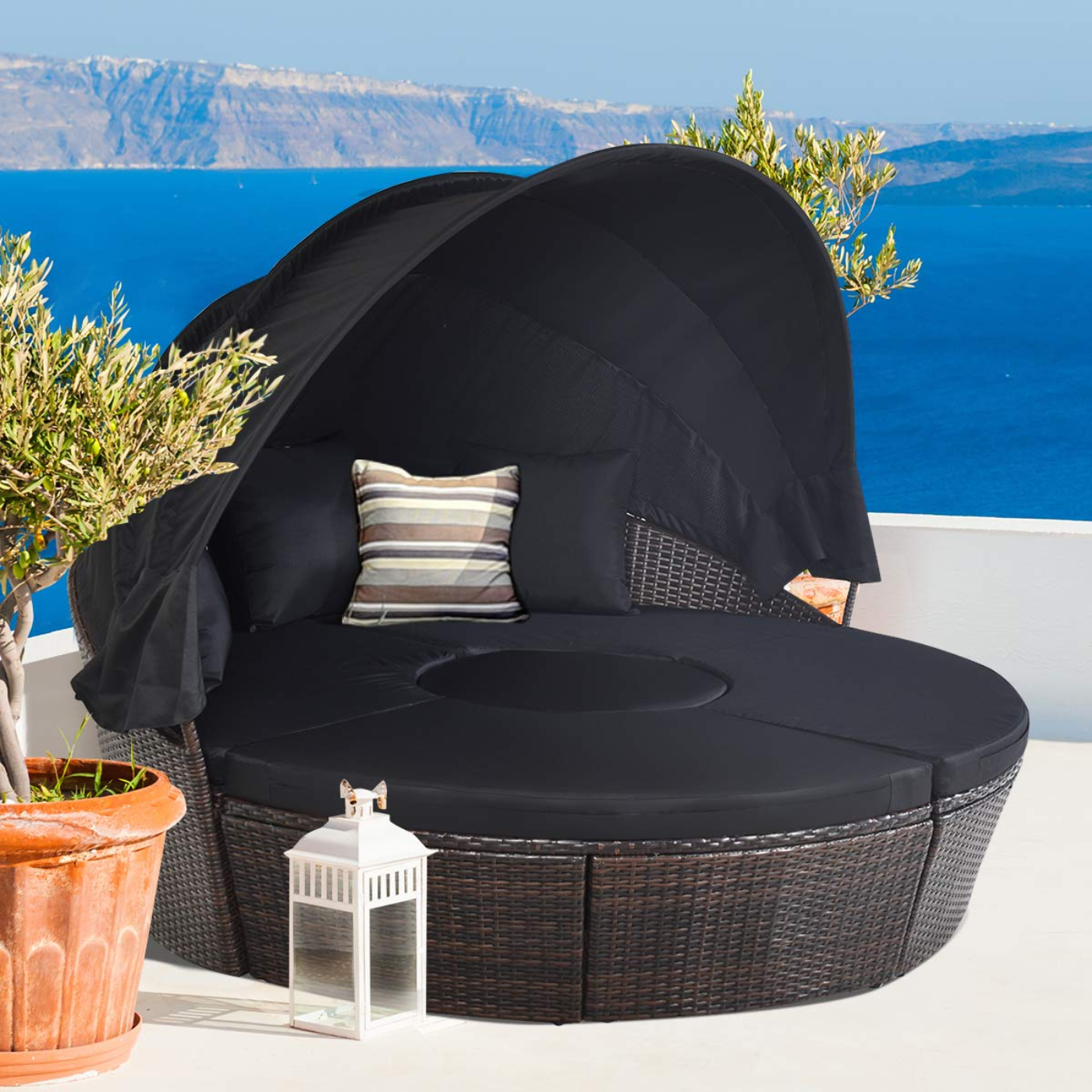 Tangkula Patio Round Daybed with Retractable Canopy, Outdoor Wicker Rattan Furniture Sets - HW63763+
