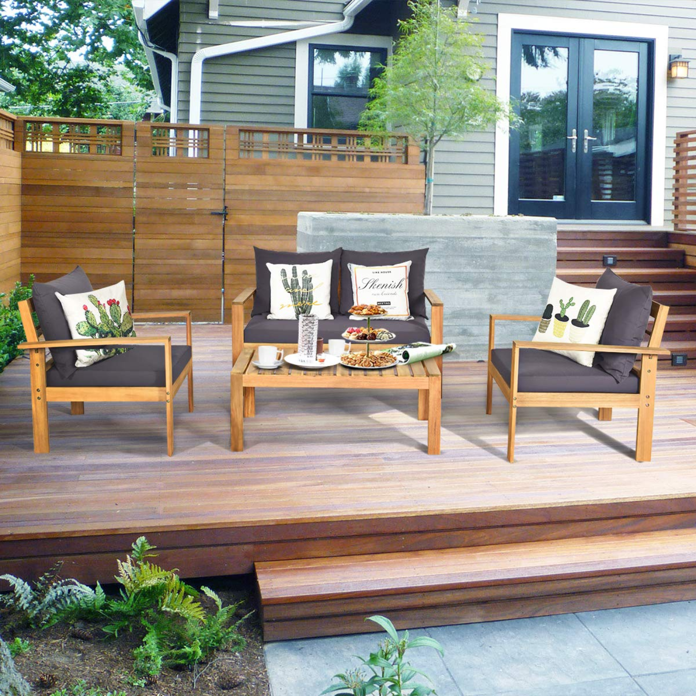 Tangkula Outdoor Conversation Sofa and Table Set with Water Resistant Cushions - HW64146+