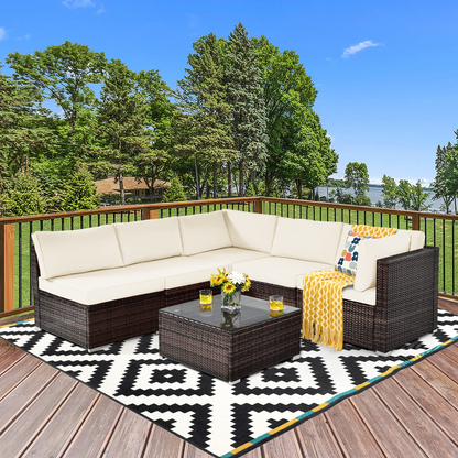 Tangkula 6 Pieces Patio Furniture Set, Outdoor Wicker Conversation Set with Glass Coffee Table - HW67937WH+