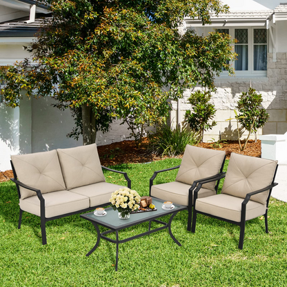 Tangkula 4 Pieces Outdoor Furniture Set, Patio Conversation Set with Cushions and Steel Frame - NP10083BE+NP10084WL-BE