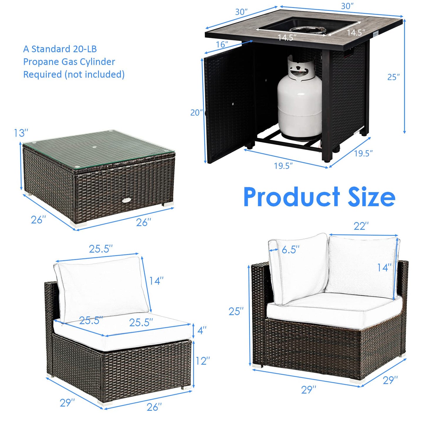 Tangkula 6 Piece Outdoor Rattan Sofa Set with 30in Propane Gas Fire Table - OP70520+HW68691ADK+