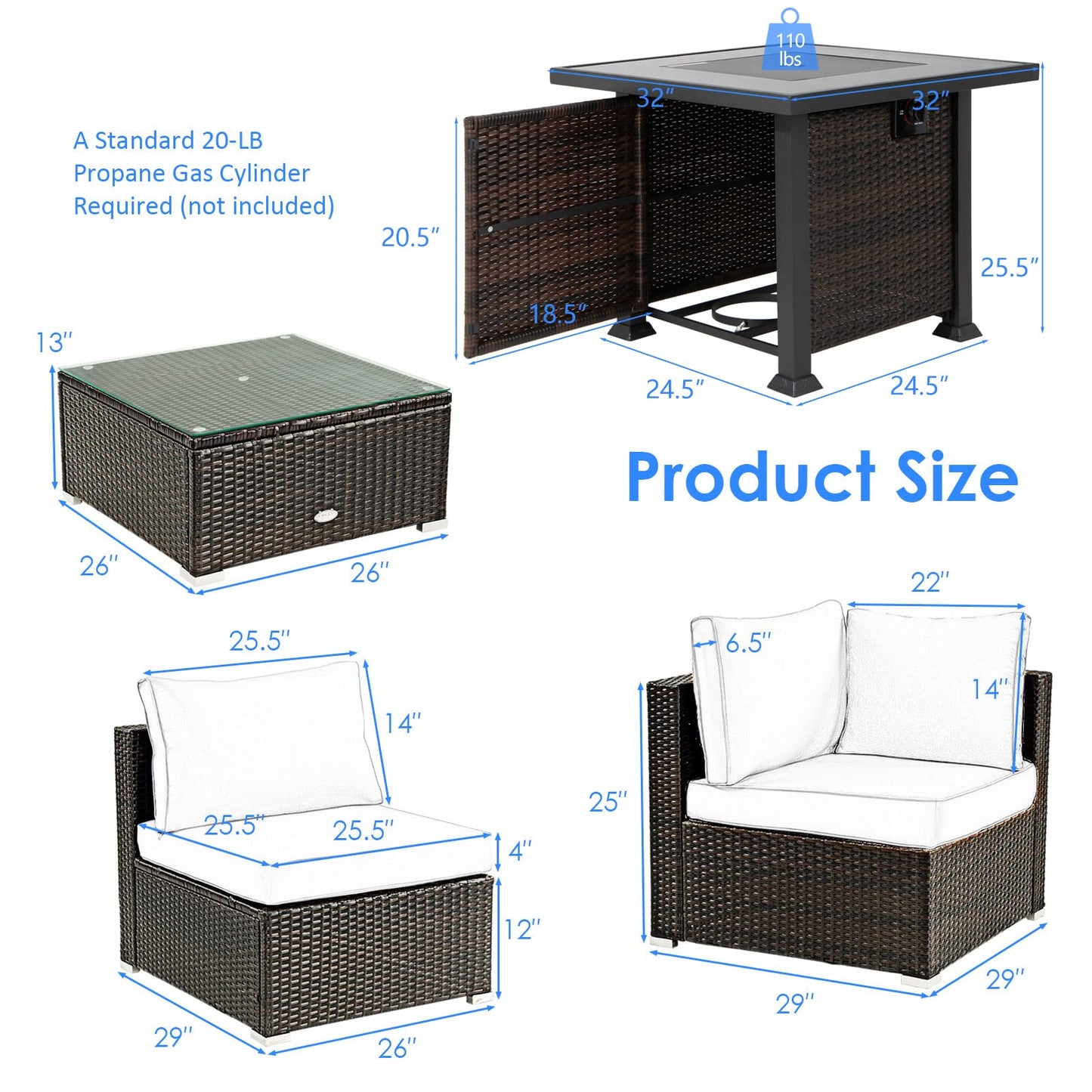 Tangkula 6 Piece Patio Wicker Conversation Set, Outdoor Rattan Sofa Set - NP10618CF+HW68691BDK+