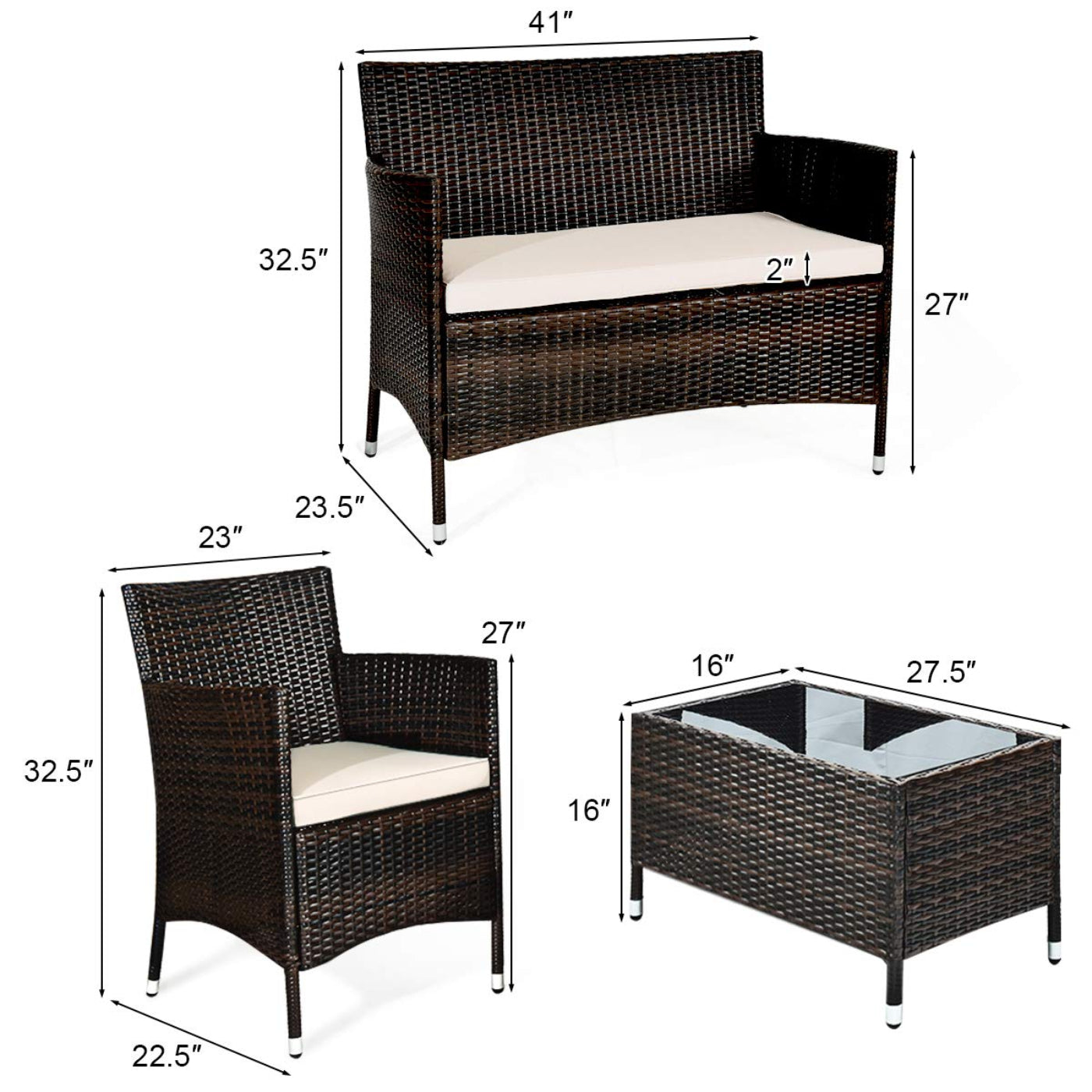 Tangkula 4-Piece Rattan Patio Furniture Set, w/Tempered Glass Coffee Table - HW67772BT