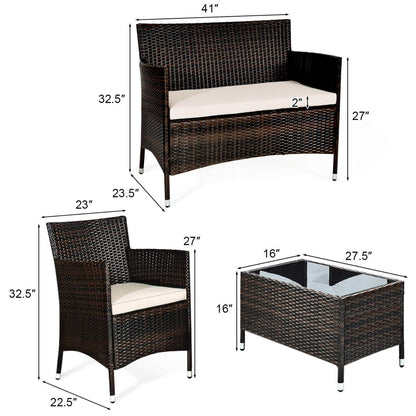 Tangkula 4-Piece Rattan Patio Furniture Set, w/Tempered Glass Coffee Table - HW67772BT