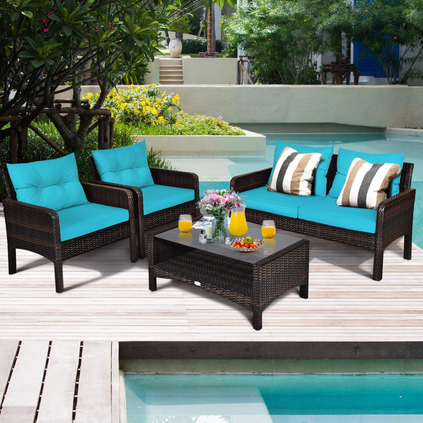 Tangkula 4 Piece Patio Furniture Set, Outdoor Wicker Conversation Set with Glass Top Coffee Table - HW68637BTU+