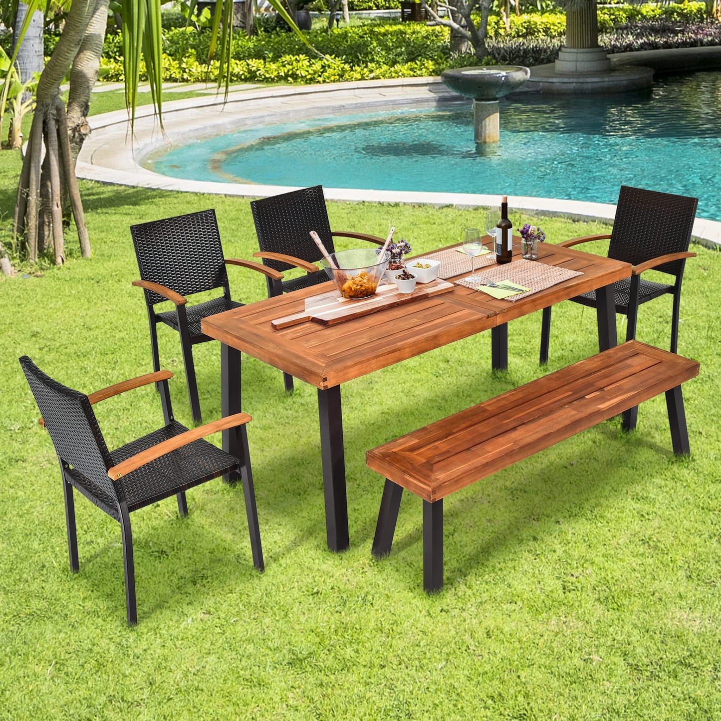 Tangkula 6 Piece Outdoor Dining Set, Patiojoy Outdoor Wicker Conversation Set - HW66354+OP70690+HW66352