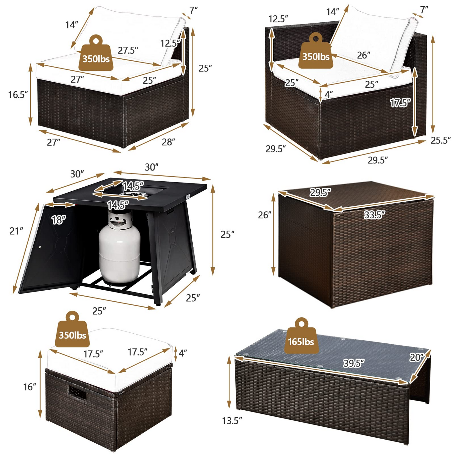 Tangkula 9 Pieces Patio Furniture Set with 30" Propane Fire Pit Table - OP70521+HW68592WH+
