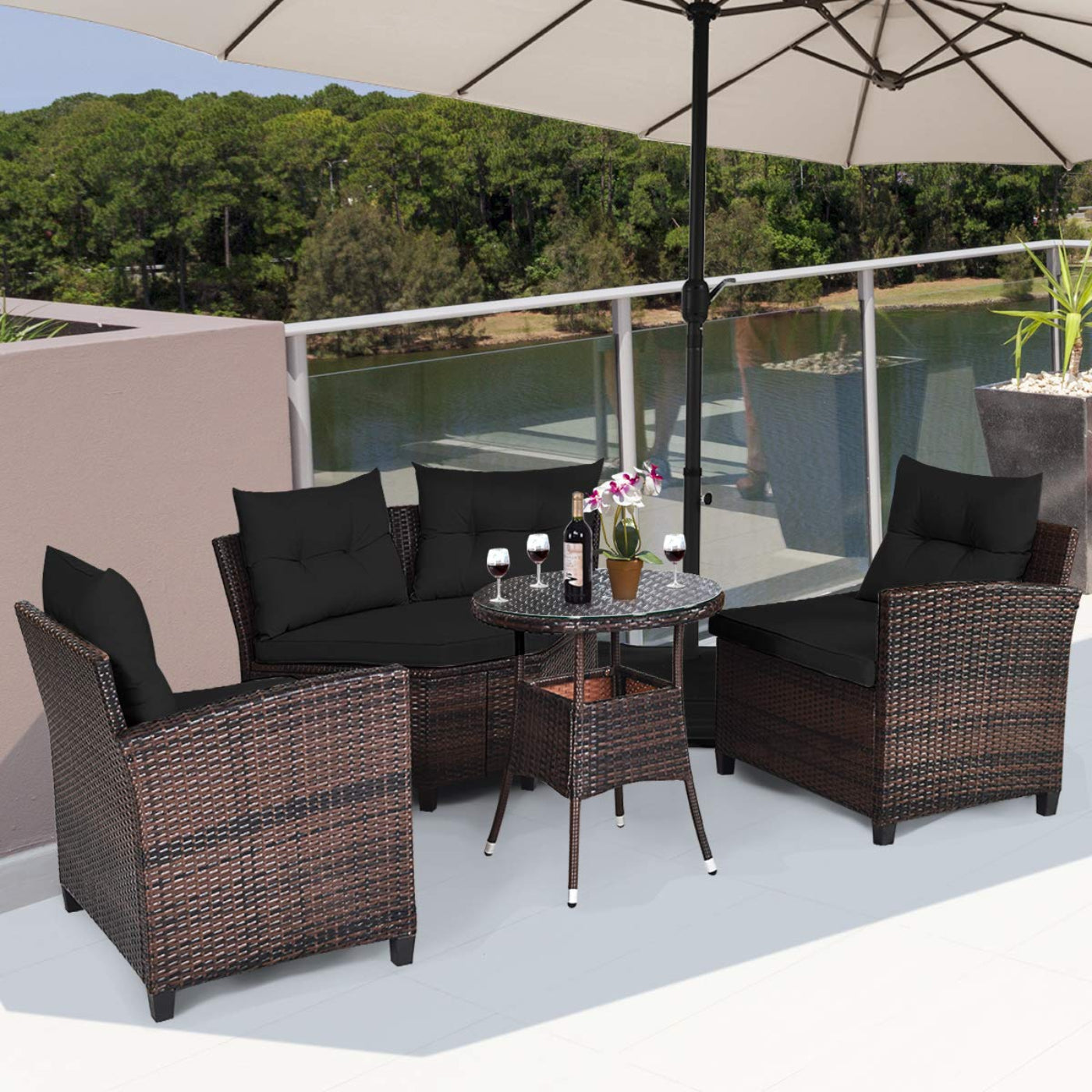 Tangkula 4-Piece Patio Furniture Set, C-Shape Outdoor Wicker Sectional Sofa Set - HW66920BK+