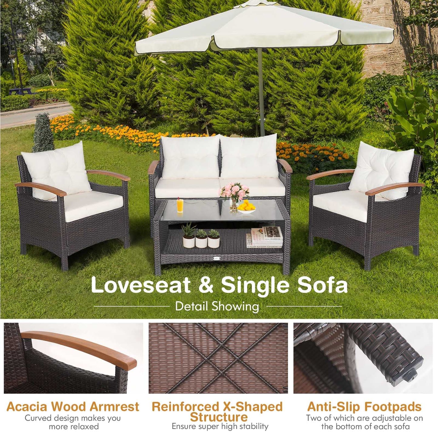 Tangkula 4 Piece Patio Rattan Conversation Set, Outdoor Wicker Sofa Set W/2-Layer Coffee Table - HW69469WH+