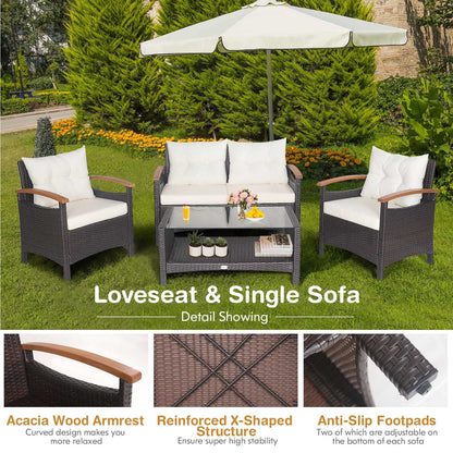Tangkula 4 Piece Patio Rattan Conversation Set, Outdoor Wicker Sofa Set W/2-Layer Coffee Table - HW69469WH+