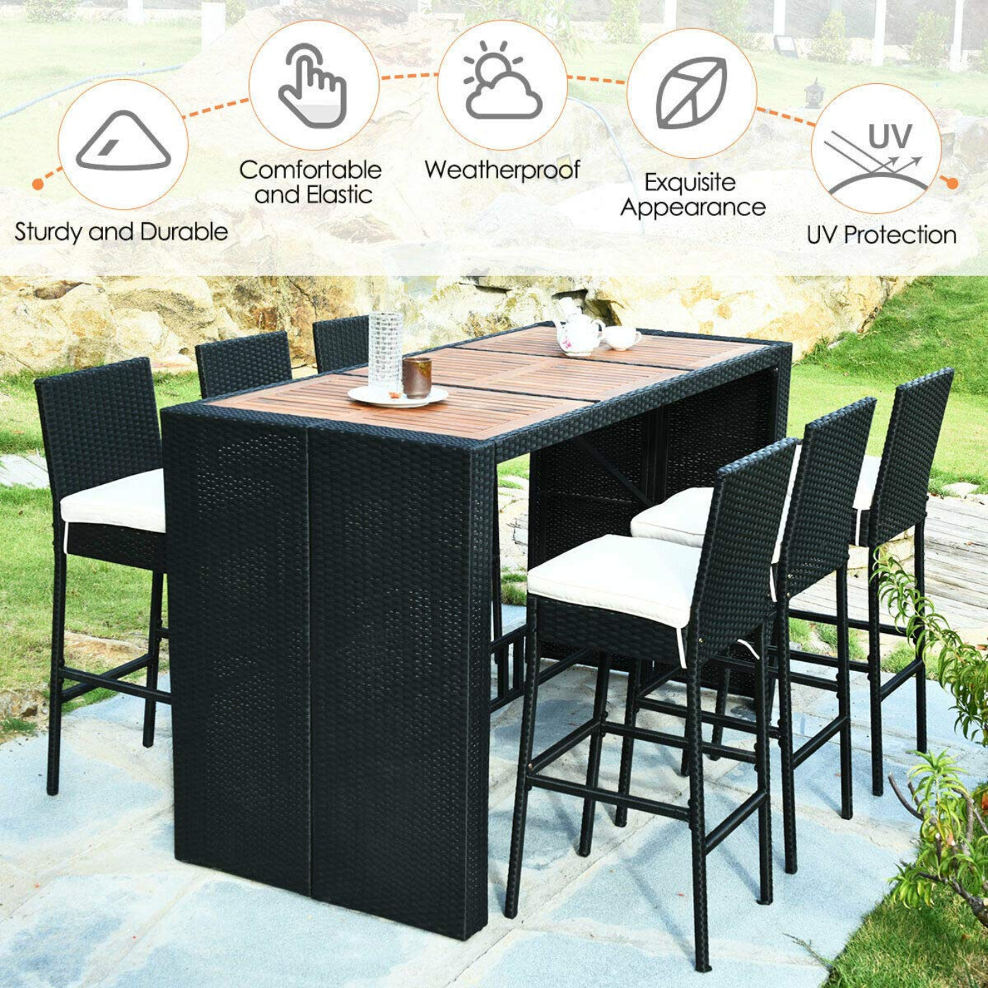 Tangkula 7 Pieces Outdoor Wicker Bar Set, Rattan Dining Set - HW63219+
