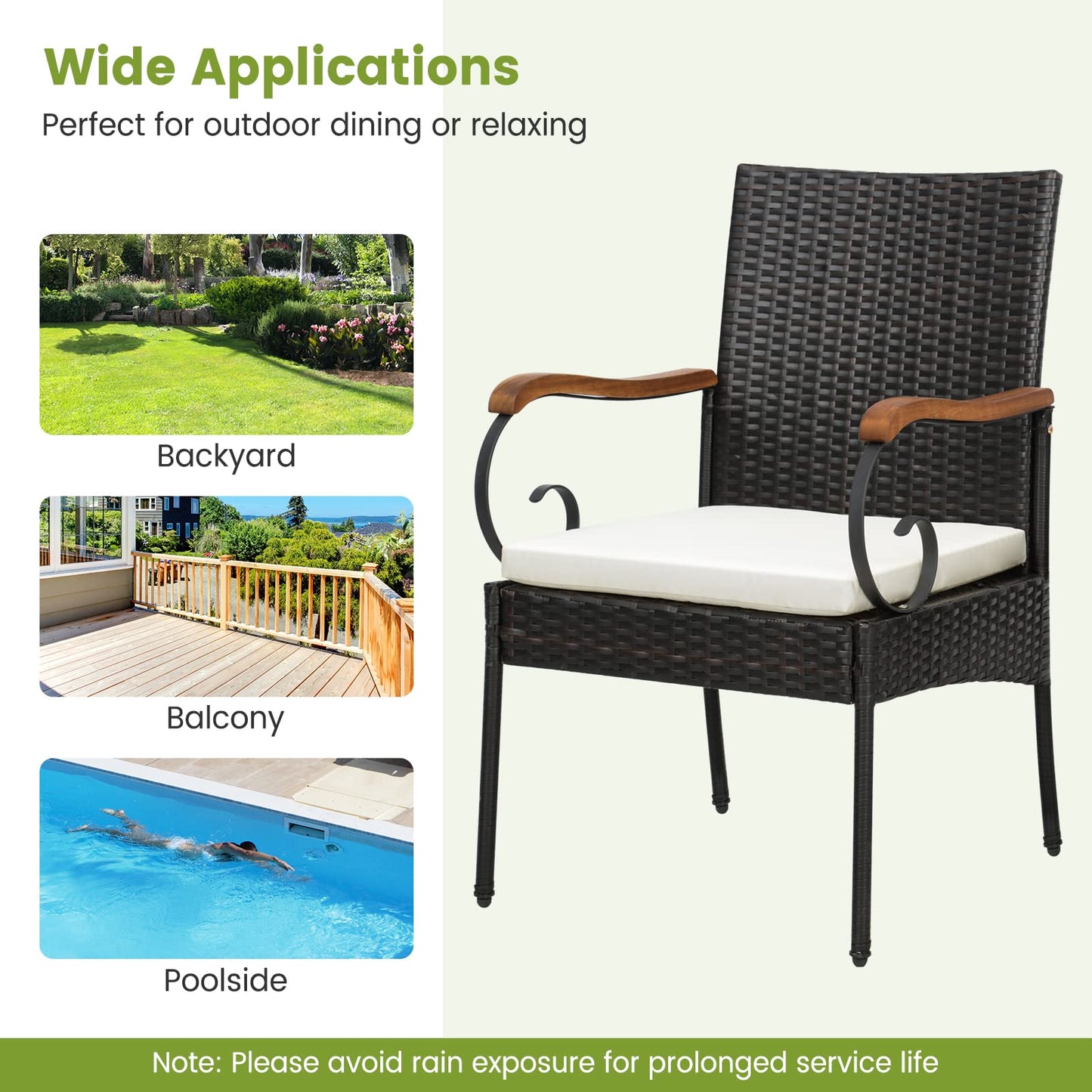 Tangkula Outdoor Wicker Chair & Dining Table Set, Acacia Wood Tabletop & Armrests, 2” Umbrella Hole - HW70833-4+HW70840