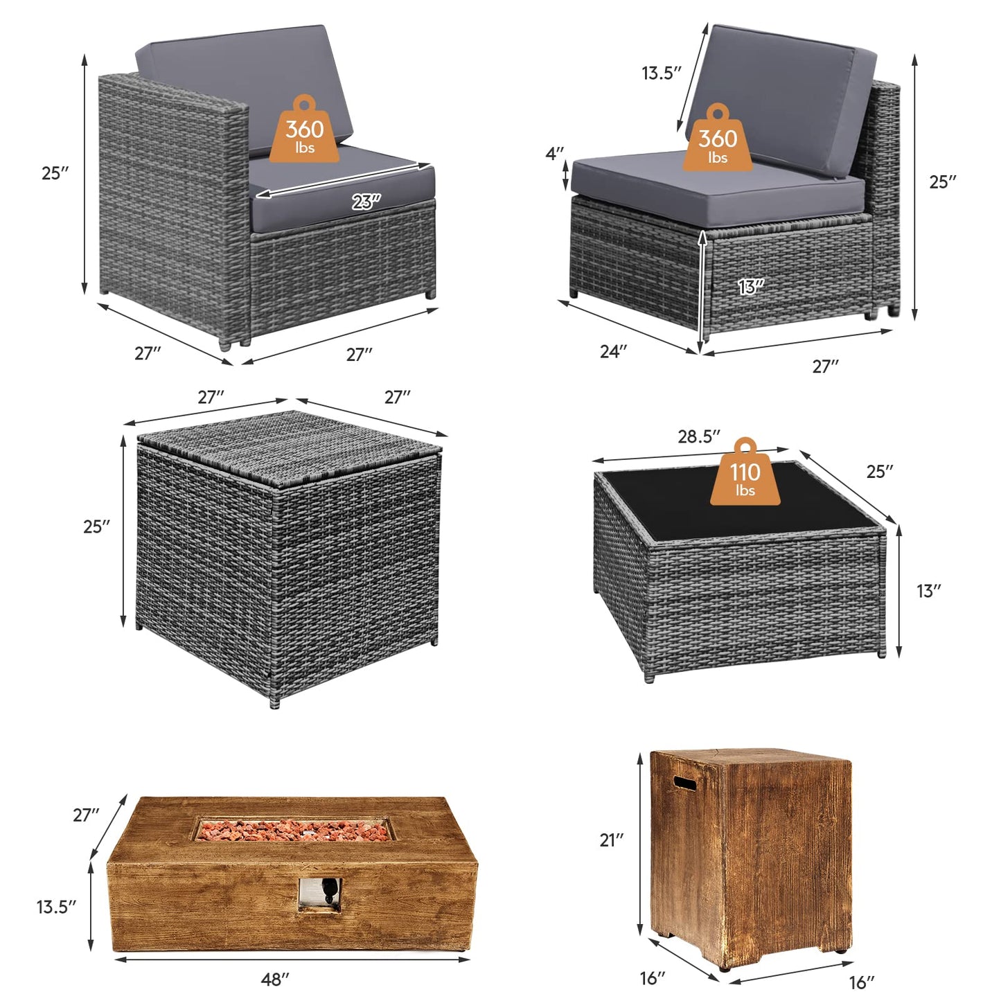 Tangkula 10 Pieces Patio Rattan Conversation Set, Patiojoy Outdoor Wicker Furniture Set - OP70343-A+OP70343-B+HW65782AGR+