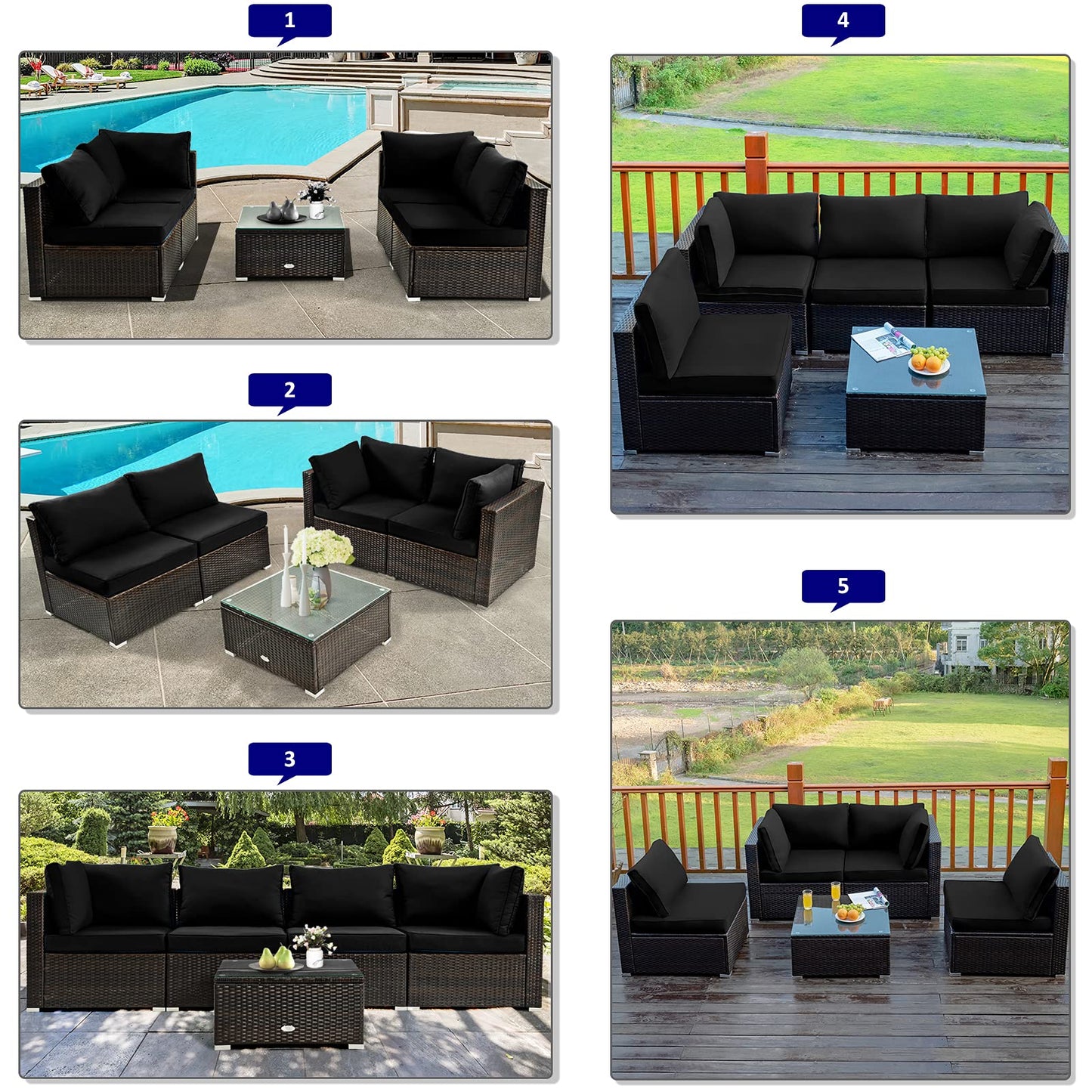 Tangkula 6 Piece Outdoor Rattan Sofa Set with 30in Propane Gas Fire Table - OP70520+HW68691ADK+