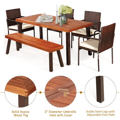 Tangkula 6-Piece Acacia Wood Patio Dining Set, Patiojoy Outdoor Wicker Furniture Set - JV10606+HW66354+HW69382