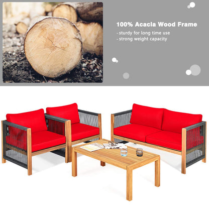 Tangkula Outdoor Wood Furniture Set, Acacia Wood Frame Loveseat Sofa, 2 Single Chairs and Coffee Table - HW63868RE