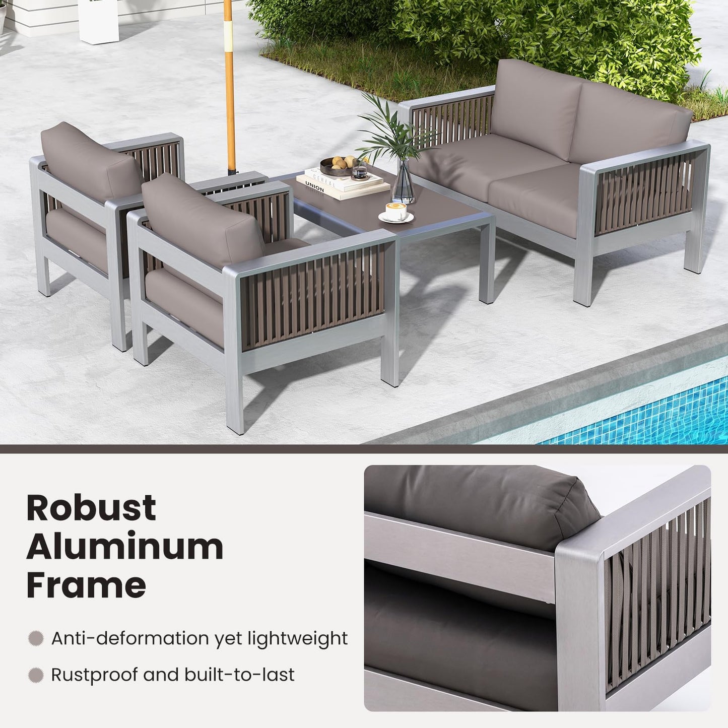 Tangkula Patio Aluminum Loveseat Sofa, Outdoor Furniture Set with Thick Back & Seat Cushions (Gray) - NP11417GR