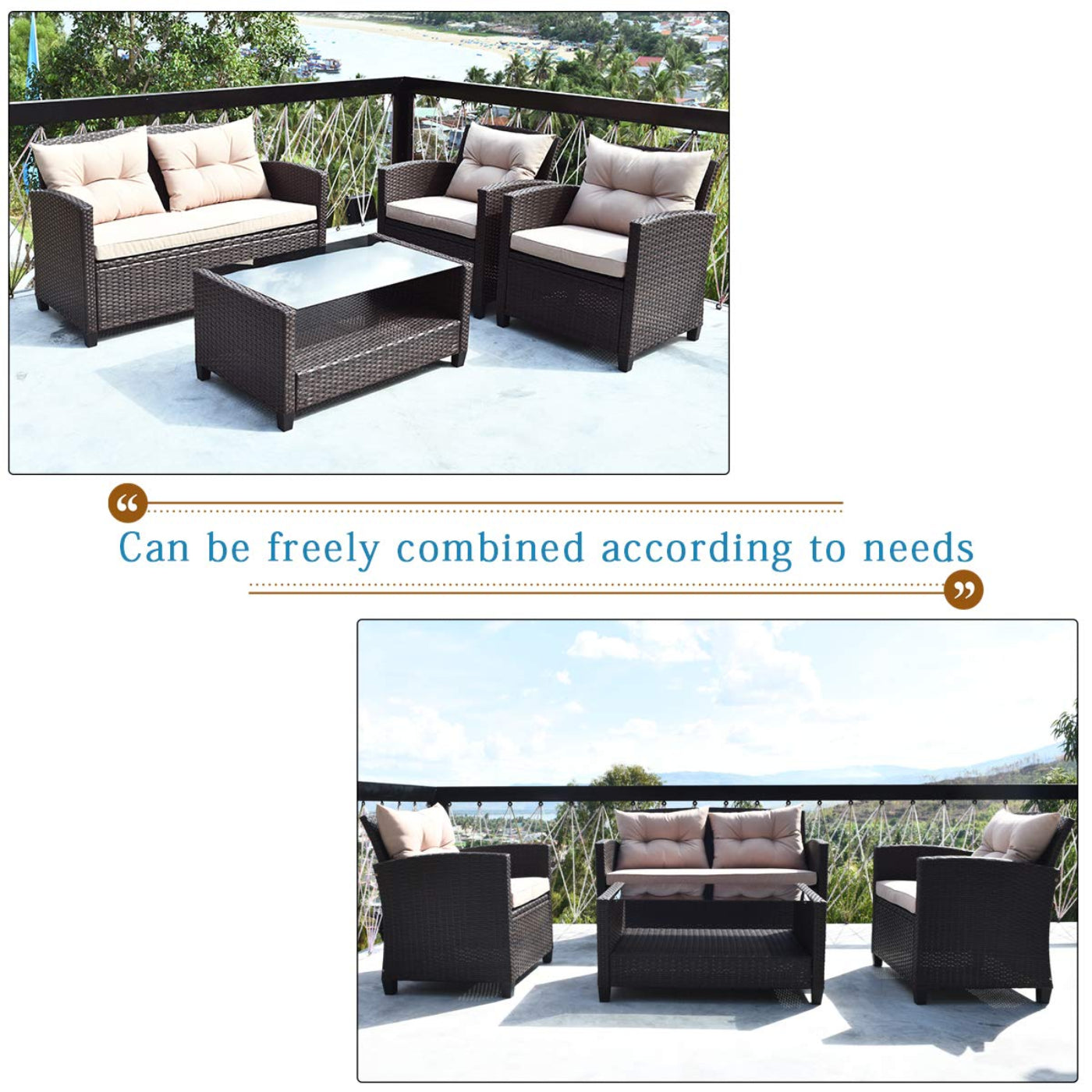 Tangkula 4-Piece Patio Furniture Set, Rattan Wicker Chair Set with 1 Loveseat, 2 Single Sofas - HW63217+