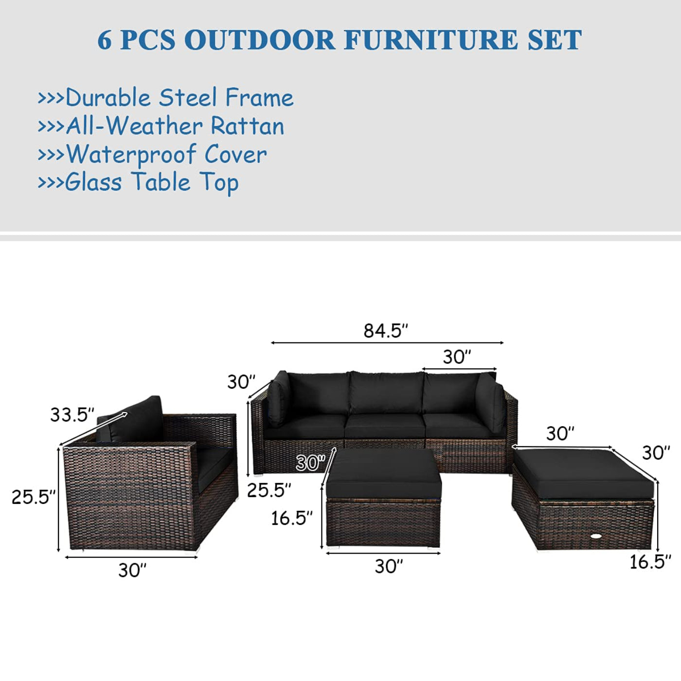 Tangkula 6 Pieces Patio Rattan Sectional Furniture Set, Outdoor Wicker Conversation Set with Glass Coffee Table Sofa Ottoman - HW63877BK+