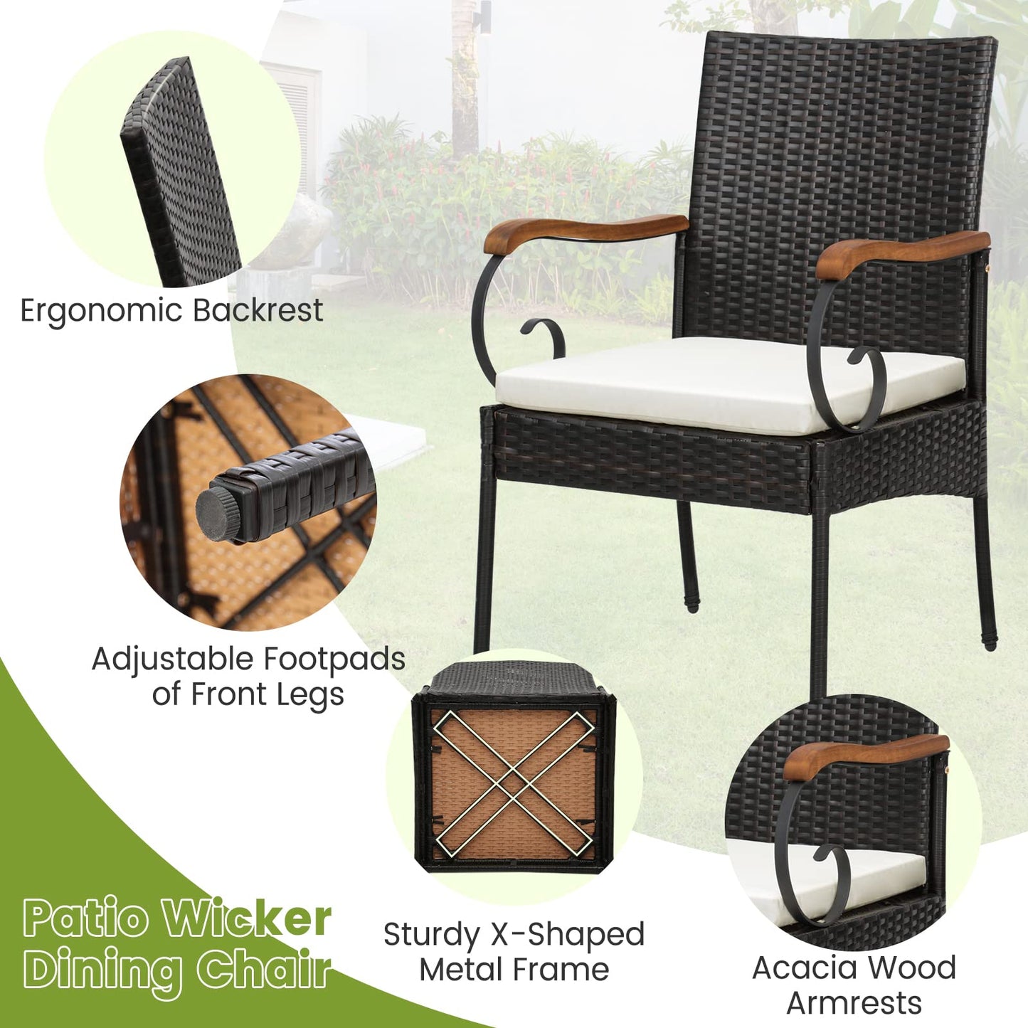 Tangkula Outdoor Wicker Chair & Dining Table Set, Acacia Wood Tabletop & Armrests, 2” Umbrella Hole - HW70833-4+HW70840