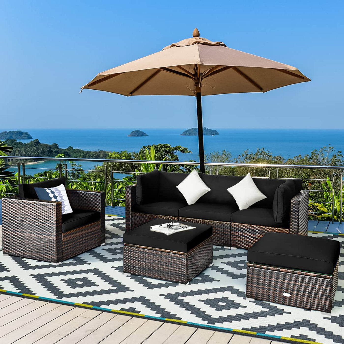 Tangkula 6 Pieces Patio Rattan Sectional Furniture Set, Outdoor Wicker Conversation Set with Glass Coffee Table Sofa Ottoman - HW63877BK+