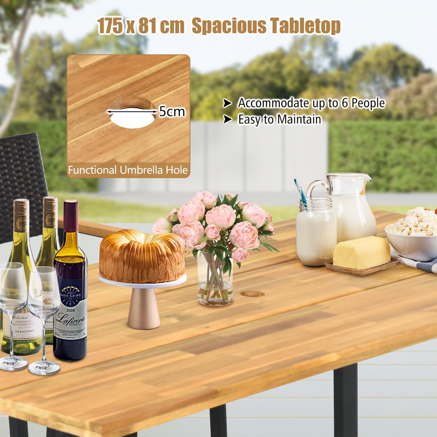 Tangkula Patio Rattan Dining Set, Acacia Wood Tabletop w/Umbrella Hole - HW70830-4+HW70840