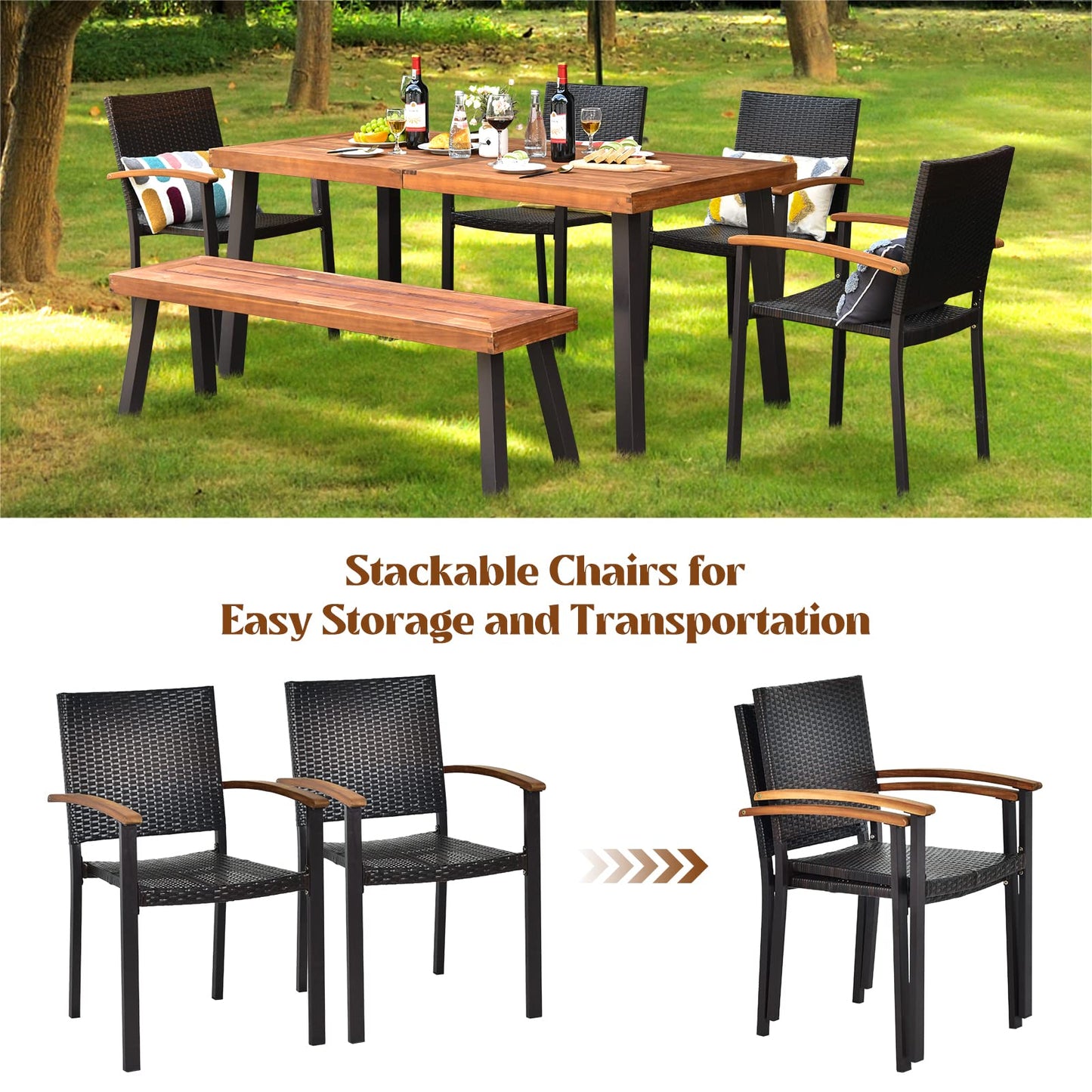 Tangkula 6 Piece Outdoor Dining Set, Patiojoy Outdoor Wicker Conversation Set - HW66354+OP70690+HW66352