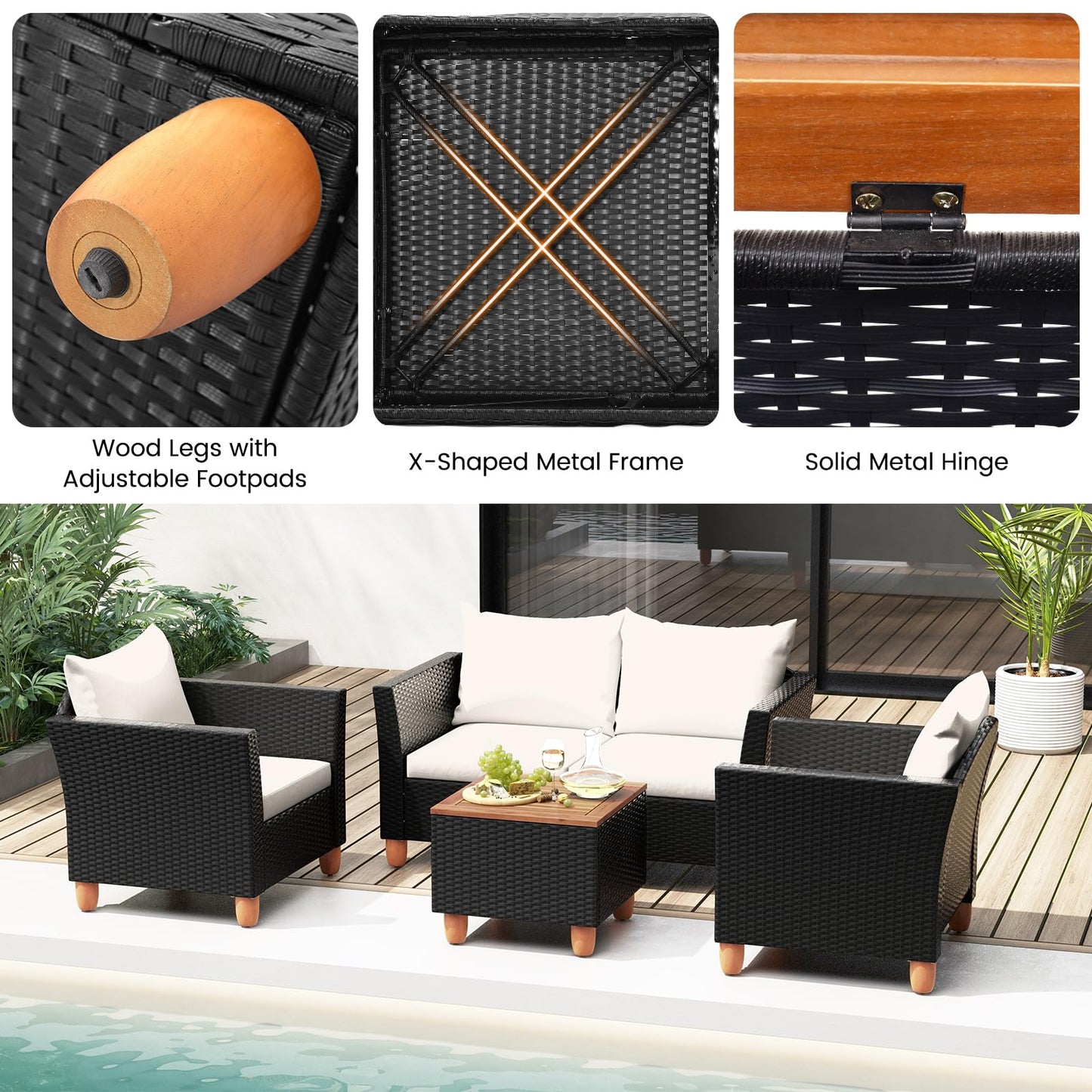 Tangkula Outdoor Conversation Set, Patio Cushioned Chairs w/Storage Coffee Table - HW72334WH+