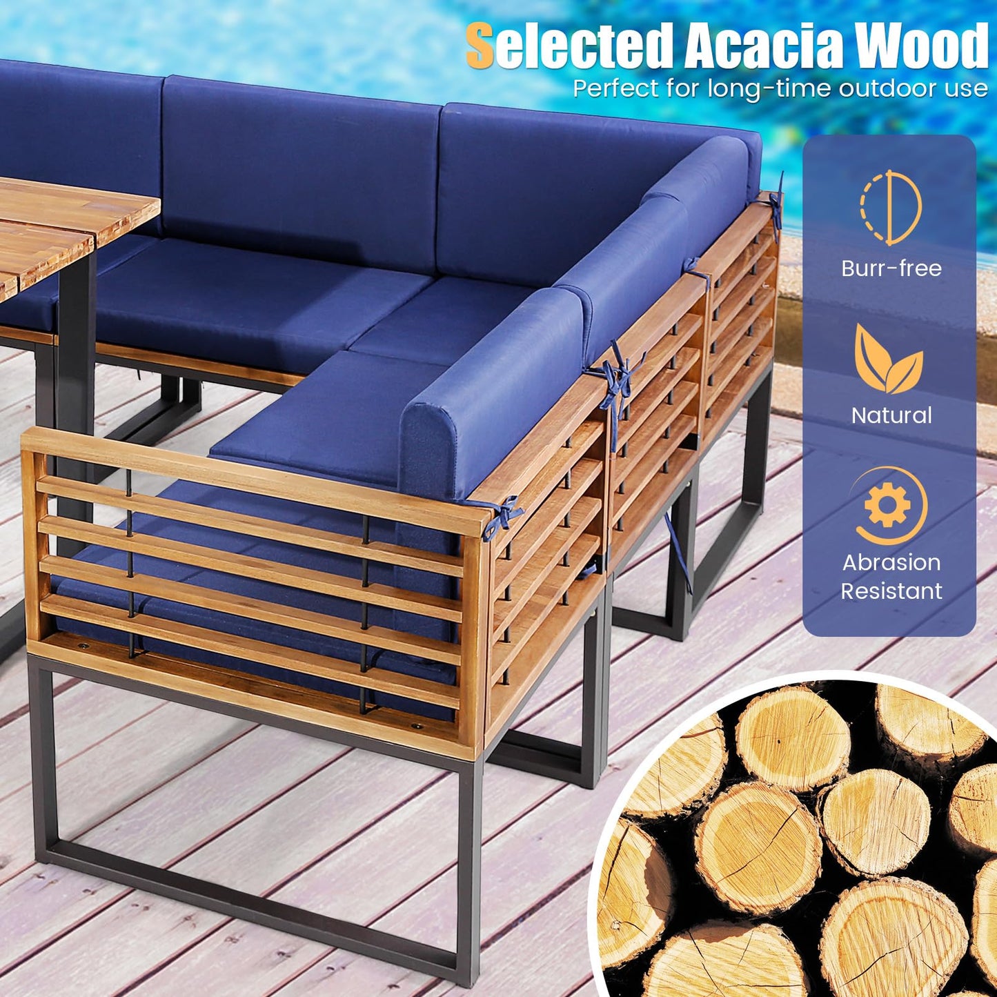 Tangkula 8 Piece Patio Dining Set, Acacia Wood Conversation Sofa Set - HW71004NY+