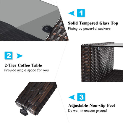 Tangkula 4 Piece Patio Furniture Set, Outdoor Wicker Conversation Set with Glass Top Coffee Table - HW68637BTU+