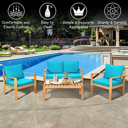 Tangkula Outdoor 4-Piece Acacia Wood Chat Set - HW64146WH-C+HW64146TU+