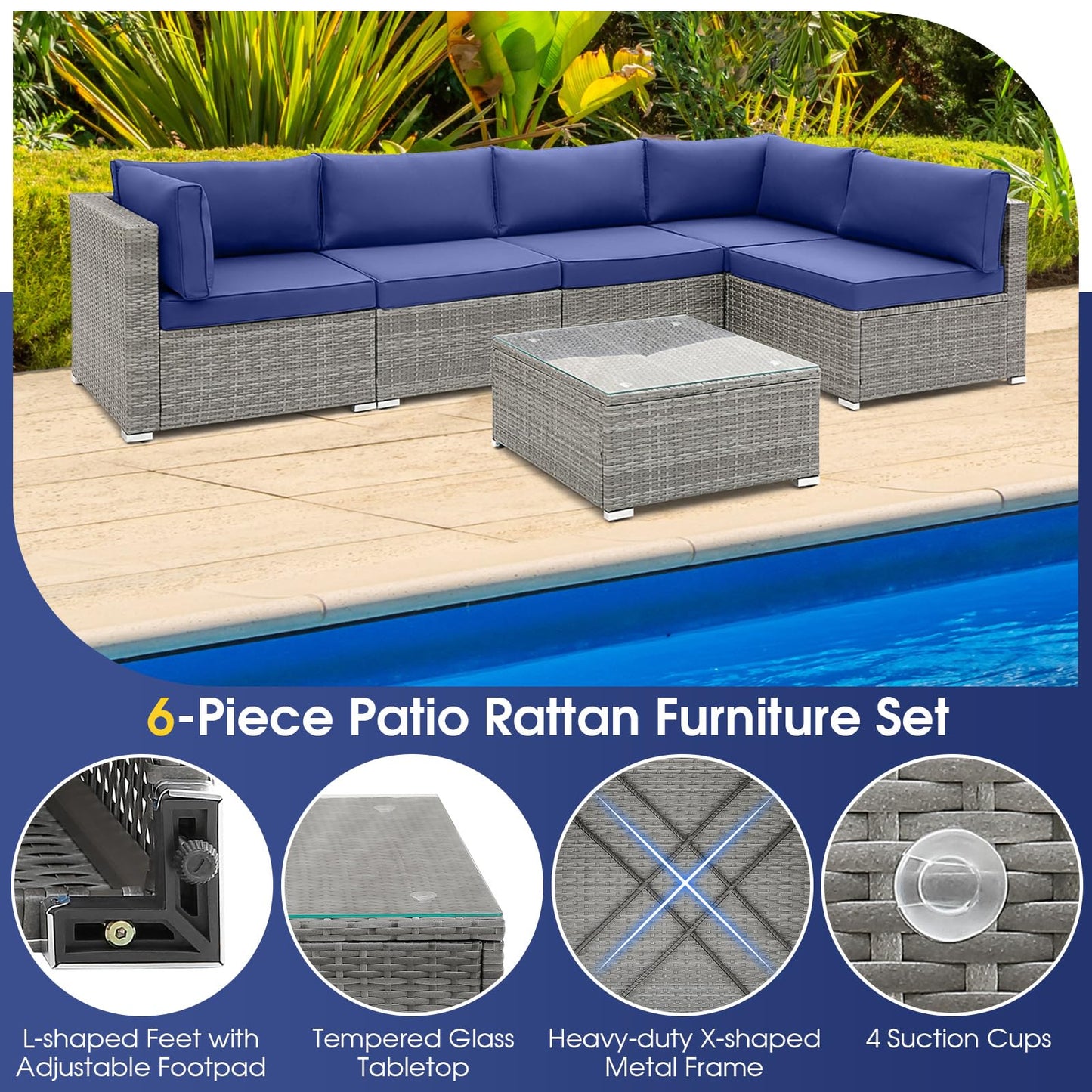 Tangkula Outdoor Wicker Furniture Set with Tempered Glass Coffee Table, Comfy Seat & Back Cushions - HW71245NY+