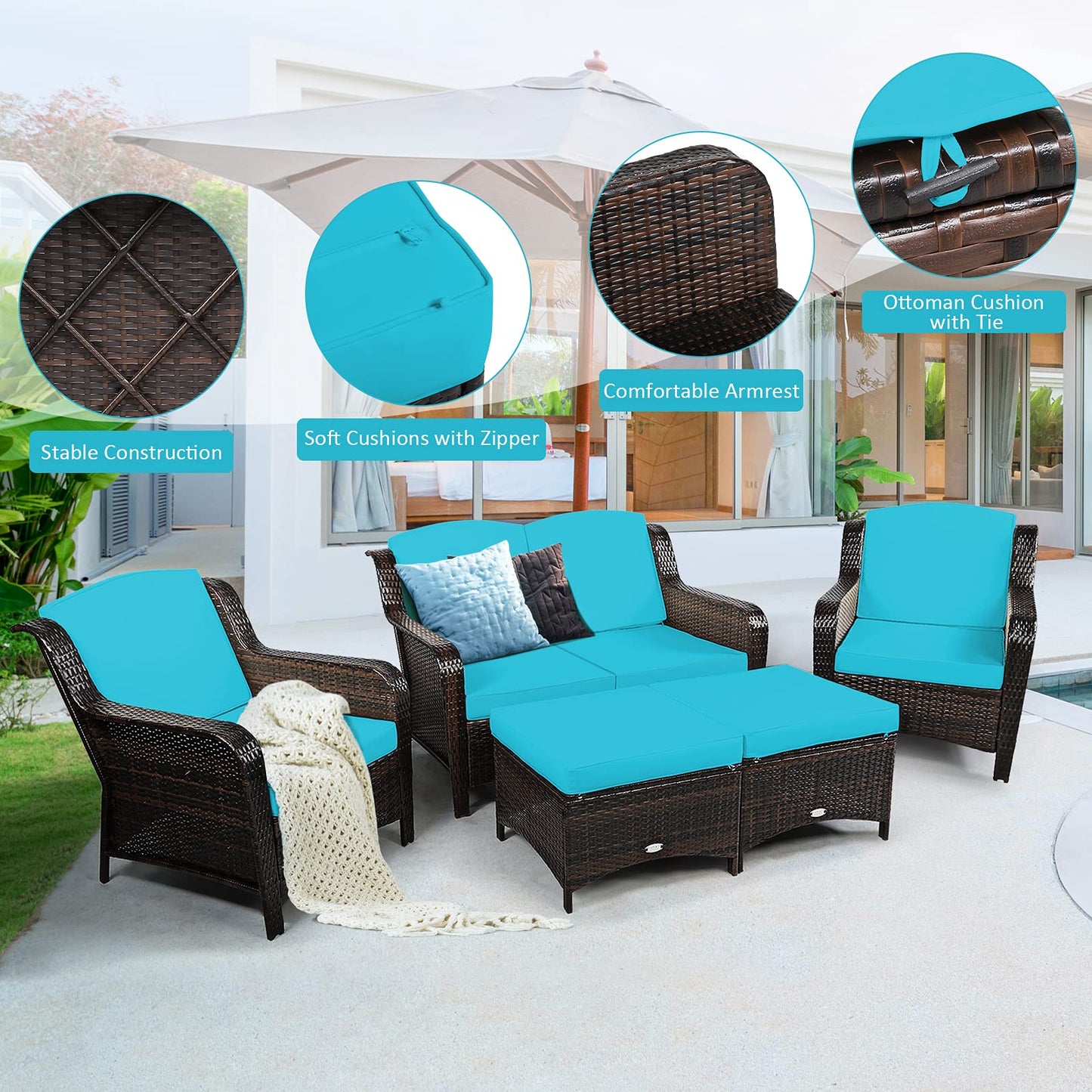 Tangkula 5 Pieces Patio Furniture Set, Outdoor Rattan Conversation Sofa Set with Loveseat - HW67702TU+