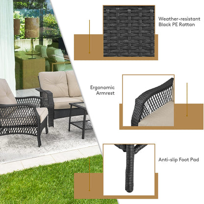 Tangkula 4 Pieces Outdoor Patio Furniture Set, Patiojoy PE Wicker Conversation Sofa Set with Tempered Glass Coffee Table - NP10087WL-BE