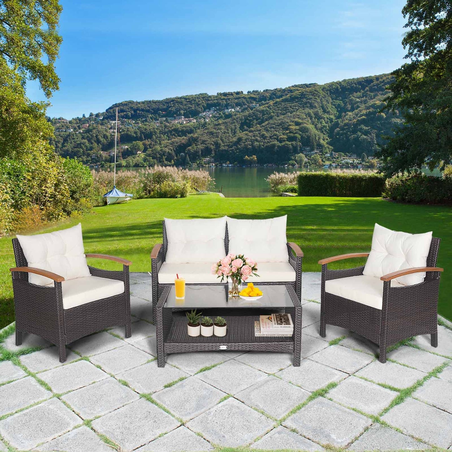 Tangkula 4 Piece Patio Rattan Conversation Set, Outdoor Wicker Sofa Set W/2-Layer Coffee Table - HW69469WH+