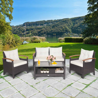 Tangkula 4 Piece Patio Rattan Conversation Set, Outdoor Wicker Sofa Set W/2-Layer Coffee Table - HW69469WH+
