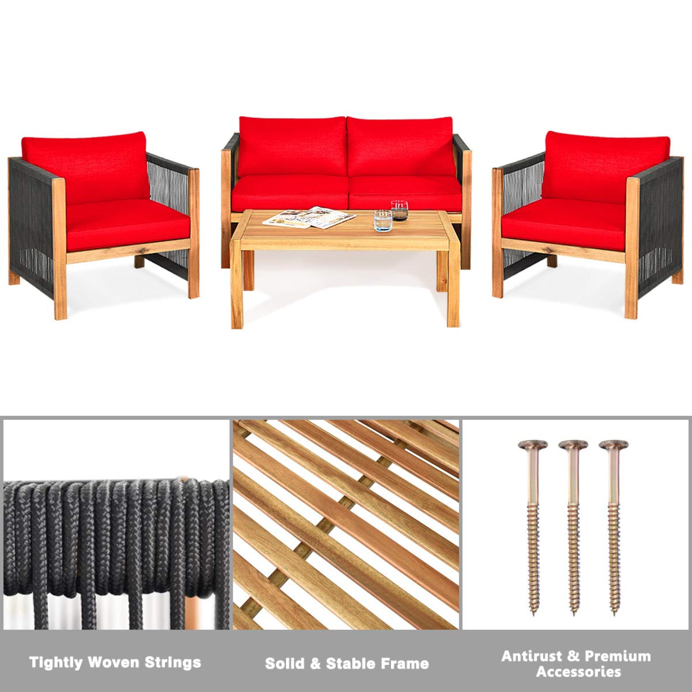 Tangkula Outdoor Wood Furniture Set, Acacia Wood Frame Loveseat Sofa, 2 Single Chairs and Coffee Table - HW63868RE