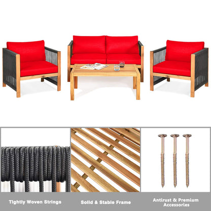 Tangkula Outdoor Wood Furniture Set, Acacia Wood Frame Loveseat Sofa, 2 Single Chairs and Coffee Table - HW63868RE